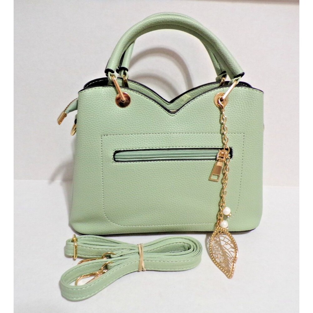 Porrasso Lt Grn Satchel Gold Accents Zippers & Magnets Adjustable Strap Handles